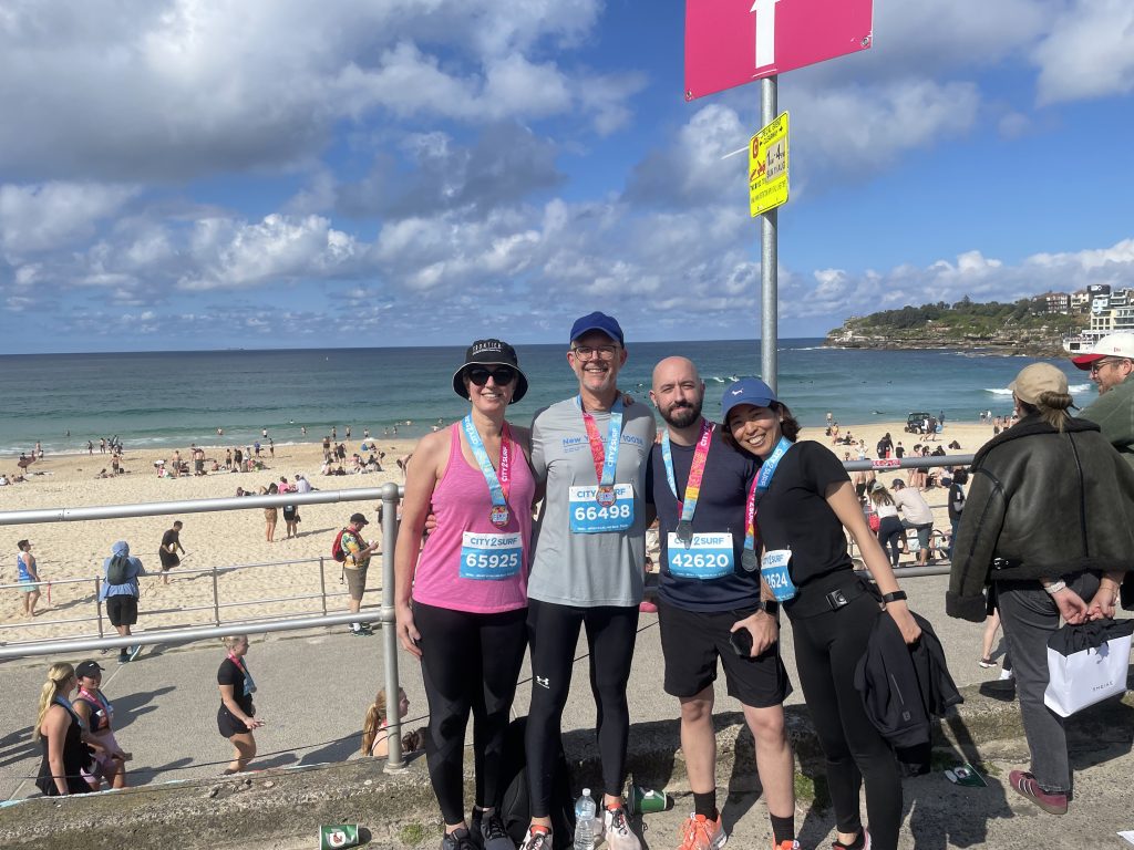 AFTDA board member Prof Olivier Piguet and FRONTIER members Ramon, Ryoko, and Tracey post run at Bondi Beach